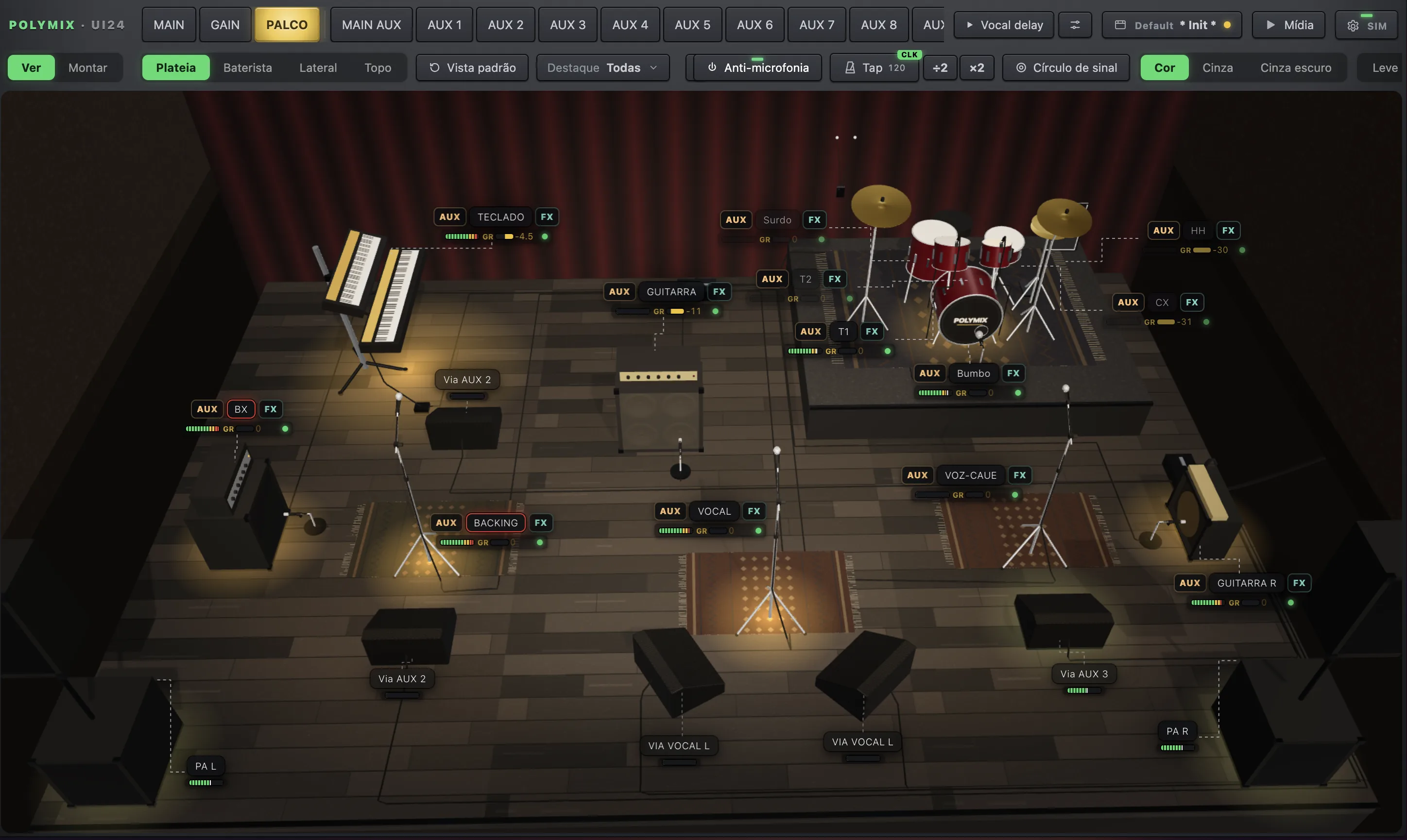 Polymix stage view: 3D stage built from the channel names, with the signal on every piece